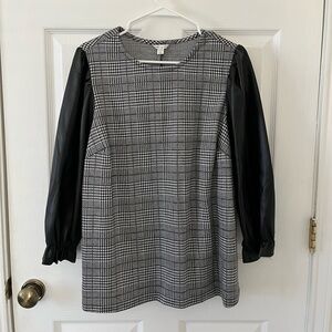 Cato Black and White Houndstooth Top with Faux Leather Sleeves